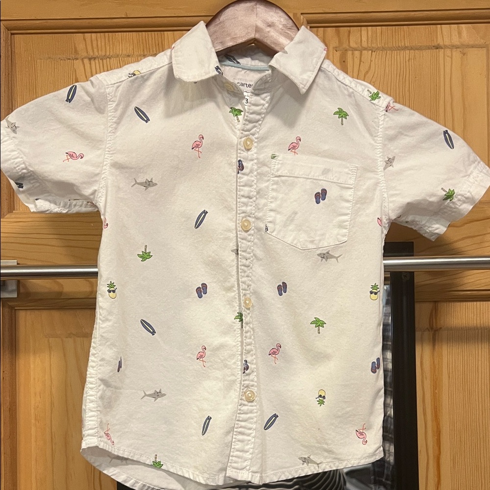 Carter's White Short Sleeve Cotton Shirt Colorful Print Button Up Sz 3T